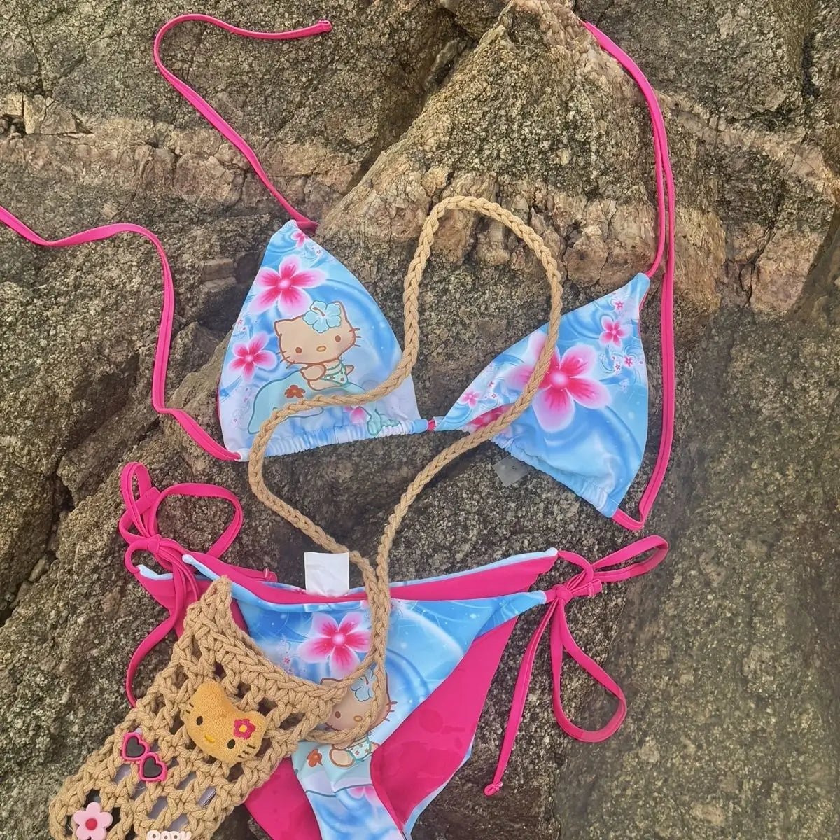 Hello Kitty Y2K Leopard Print Bikini Set Women 2026 New Summer Beach Swimwear Two Piece Halter Tie Side Bathing Suit Swimsuit