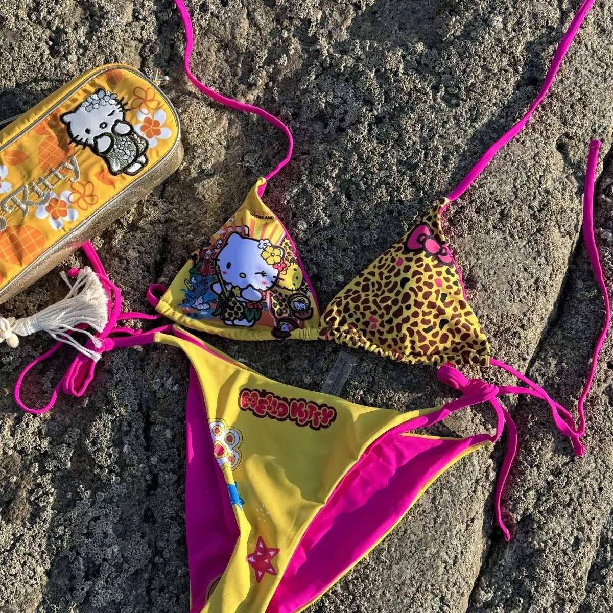Cartoon Hello Kitty Japanese Cute Kitty Hot Girl Split Strap Summer Bikini Girls Seaside Fashion Resort Swimsuit Leopard Print
