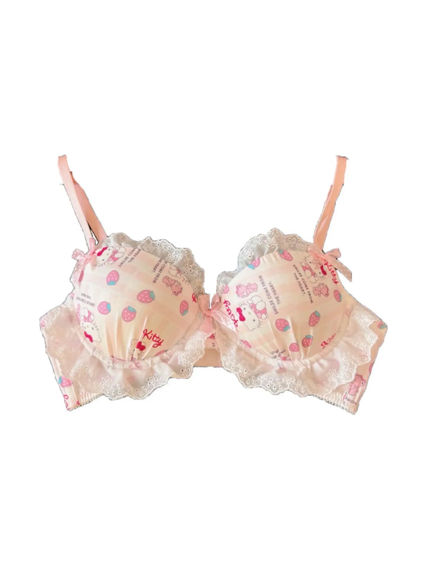 Kawaii Hello Kitty Japanese Color Blocked Kitty Cat Bow Underwear Girls Without Steel Circles Small Chest Gather Lace Bra Set