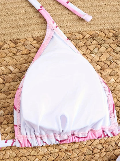 2pcs Cinnamoroll Print Bikini Set Women Pink White Halter Triangle Swimsuit Tie Side Two-Piece Bathing Suit Beachwear