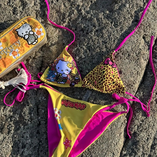 Hello Kitty Y2K Leopard Print Bikini Set Women 2026 New Summer Beach Swimwear Two Piece Halter Tie Side Bathing Suit Swimsuit