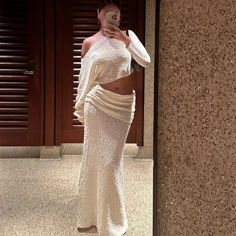 Talenza Knitted Skirt Set Women's Summer Off-Shoulder Long Sleeve Cropped Top Slim See-through Pleated Skirt Female Skirt Set