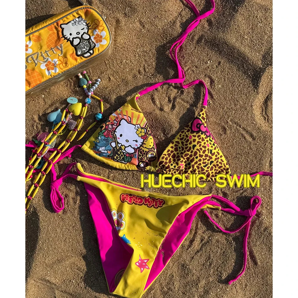 Hello Kitty Y2K Leopard Print Bikini Set Women 2026 New Summer Beach Swimwear Two Piece Halter Tie Side Bathing Suit Swimsuit