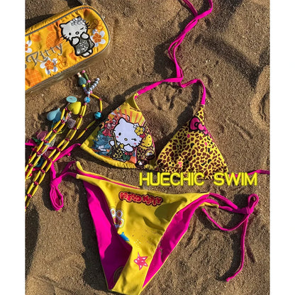 Hello Kitty Y2K Leopard Print Bikini Set Women 2026 New Summer Beach Swimwear Two Piece Halter Tie Side Bathing Suit Swimsuit
