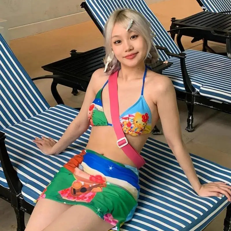 Summer Anime Cute Sanrio Hello Kitty Bikini Creative Suit Cartoon Sweet Swimsuit Pool Party Girls Kawaii Hot Sale Holiday Gift