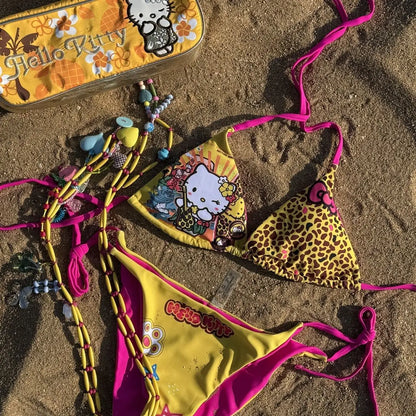 Cartoon Hello Kitty Japanese Cute Kitty Hot Girl Split Strap Summer Bikini Girls Seaside Fashion Resort Swimsuit Leopard Print