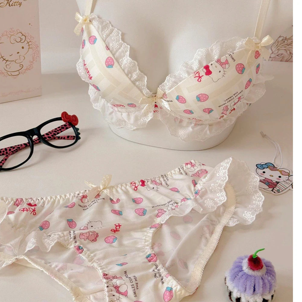 Kawaii Hello Kitty Japanese Color Blocked Kitty Cat Bow Underwear Girls Without Steel Circles Small Chest Gather Lace Bra Set