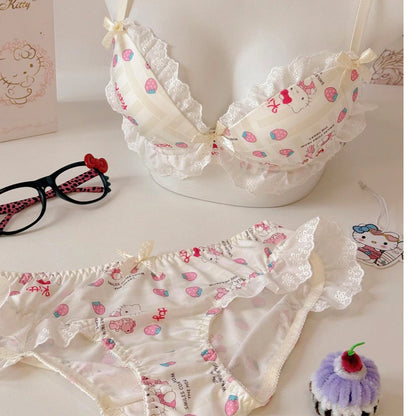 Kawaii Hello Kitty Japanese Color Blocked Kitty Cat Bow Underwear Girls Without Steel Circles Small Chest Gather Lace Bra Set