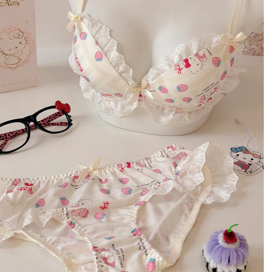 Kawaii Hello Kitty Japanese Color Blocked Kitty Cat Bow Underwear Girls Without Steel Circles Small Chest Gather Lace Bra Set