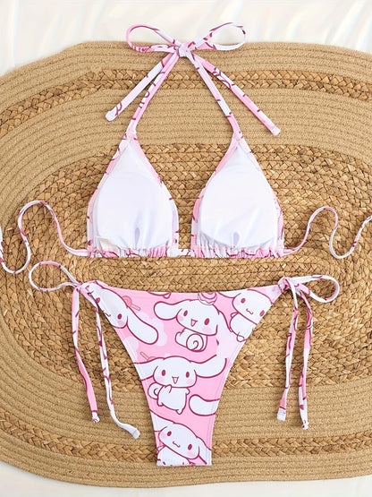 2pcs Cinnamoroll Print Bikini Set Women Pink White Halter Triangle Swimsuit Tie Side Two-Piece Bathing Suit Beachwear