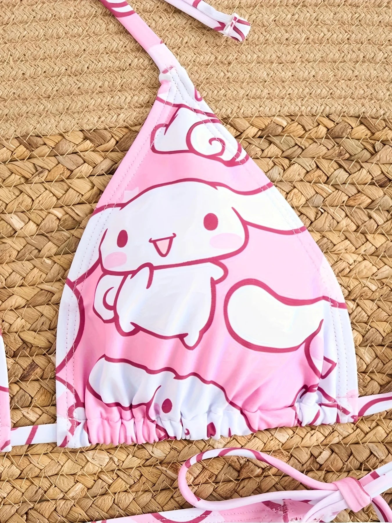 2pcs Cinnamoroll Print Bikini Set Women Pink White Halter Triangle Swimsuit Tie Side Two-Piece Bathing Suit Beachwear