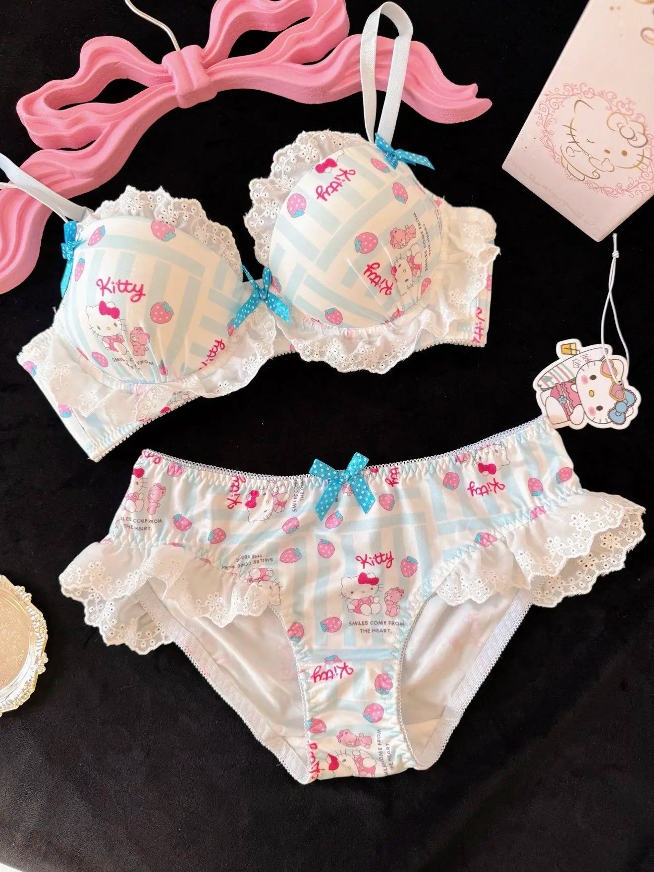Kawaii Hello Kitty Japanese Color Blocked Kitty Cat Bow Underwear Girls Without Steel Circles Small Chest Gather Lace Bra Set