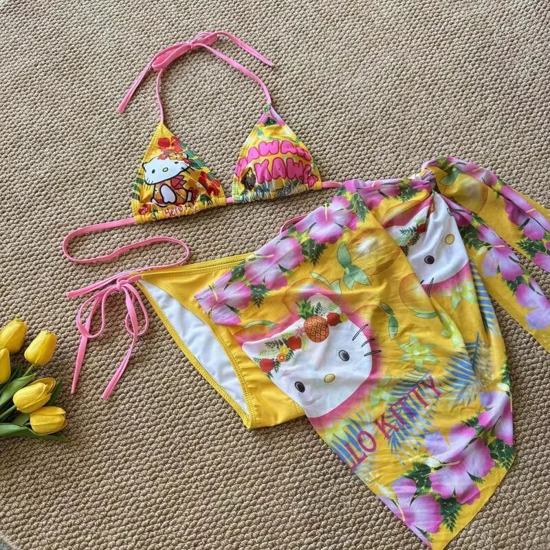 2/3Pcs Sanrio Hello Kitty Bikini Creativity Cute Cartoon Hot Spring Swimsuit Fashion Hot Girl Pool Party Kawaii Student Backless