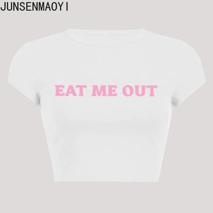Eat Me Out Print Pattern Summer Short Sleeve O Neck Solid Color Cropped Navel Women Crop Tops Fashion T-Shirt