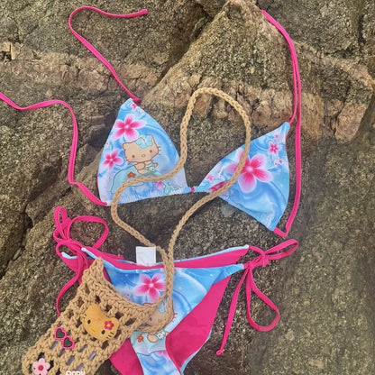 Hello Kitty Y2K Leopard Print Bikini Set Women 2026 New Summer Beach Swimwear Two Piece Halter Tie Side Bathing Suit Swimsuit