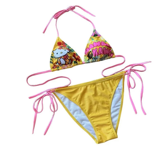 2/3Pcs Sanrio Hello Kitty Bikini Creativity Cute Cartoon Hot Spring Swimsuit Fashion Hot Girl Pool Party Kawaii Student Backless