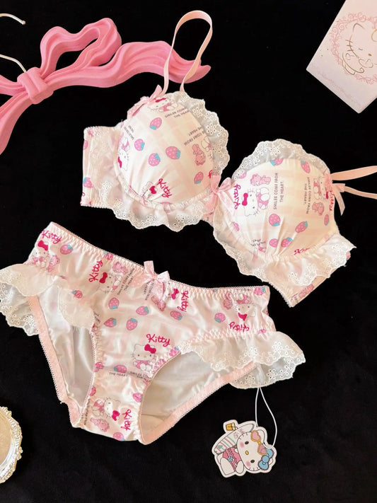 Kawaii Hello Kitty Japanese Color Blocked Kitty Cat Bow Underwear Girls Without Steel Circles Small Chest Gather Lace Bra Set