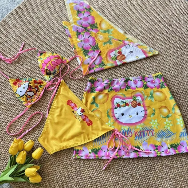 2/3Pcs Sanrio Hello Kitty Bikini Creativity Cute Cartoon Hot Spring Swimsuit Fashion Hot Girl Pool Party Kawaii Student Backless