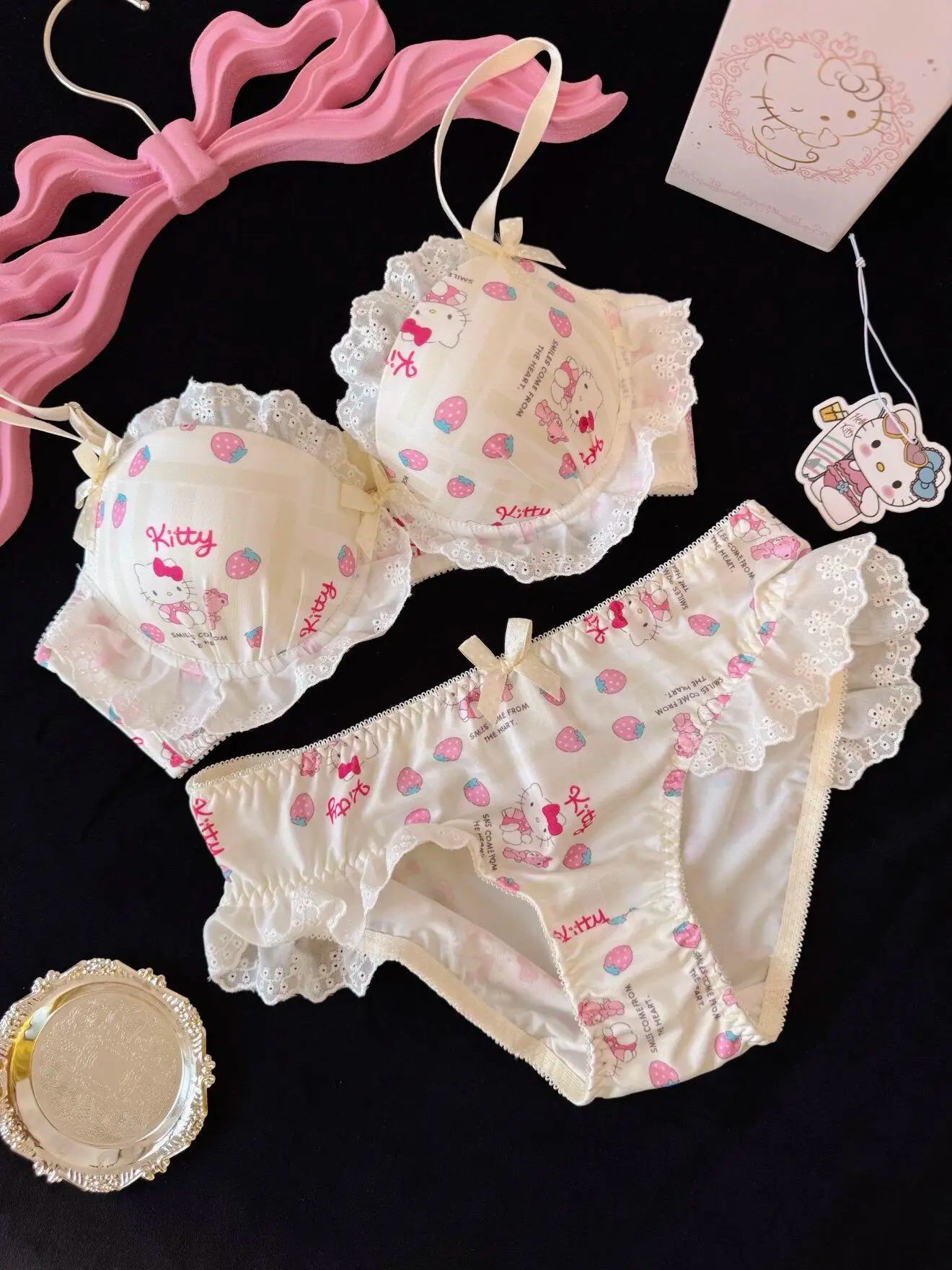 Kawaii Hello Kitty Japanese Color Blocked Kitty Cat Bow Underwear Girls Without Steel Circles Small Chest Gather Lace Bra Set