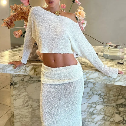 Talenza Knitted Skirt Set Women's Summer Off-Shoulder Long Sleeve Cropped Top Slim See-through Pleated Skirt Female Skirt Set
