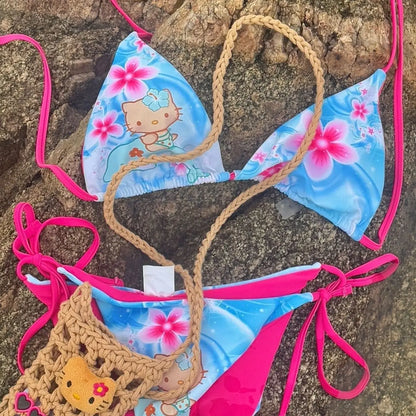 Hello Kitty Y2K Leopard Print Bikini Set Women 2026 New Summer Beach Swimwear Two Piece Halter Tie Side Bathing Suit Swimsuit