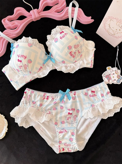 Kawaii Hello Kitty Japanese Color Blocked Kitty Cat Bow Underwear Girls Without Steel Circles Small Chest Gather Lace Bra Set