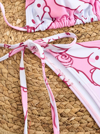 2pcs Cinnamoroll Print Bikini Set Women Pink White Halter Triangle Swimsuit Tie Side Two-Piece Bathing Suit Beachwear