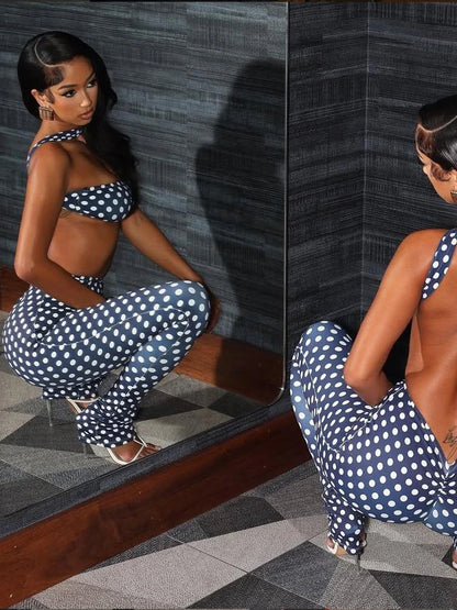 Kliou Sexy Fashion 2 Piece Set Woman Polka Dot Print Irregular Halter Backless Tank Tops+Skinny Long Pants Hot Girls Street Suit