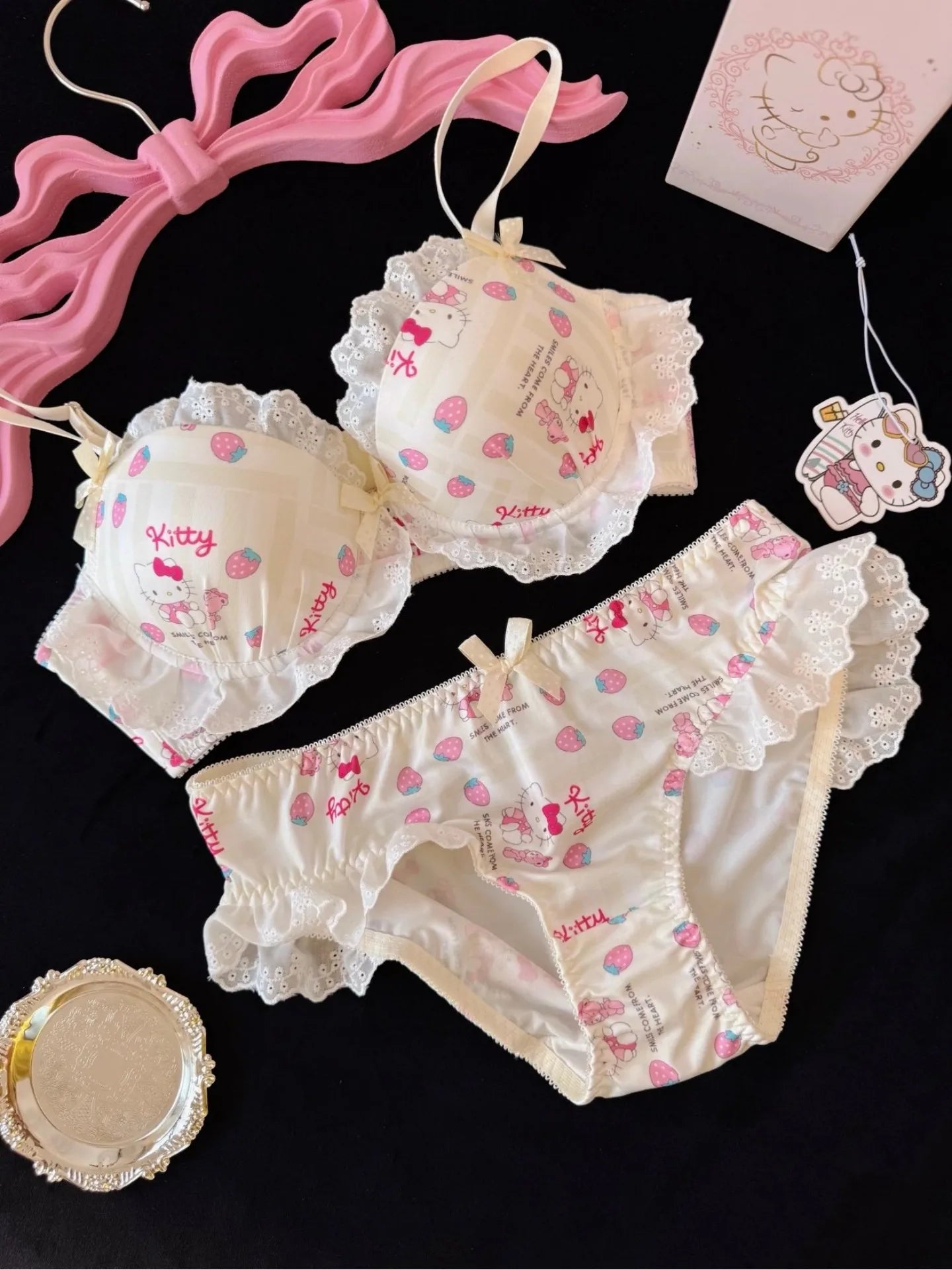 Kawaii Hello Kitty Japanese Color Blocked Kitty Cat Bow Underwear Girls Without Steel Circles Small Chest Gather Lace Bra Set