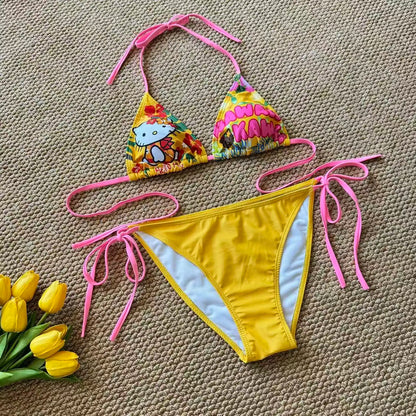 2/3Pcs Sanrio Hello Kitty Bikini Creativity Cute Cartoon Hot Spring Swimsuit Fashion Hot Girl Pool Party Kawaii Student Backless