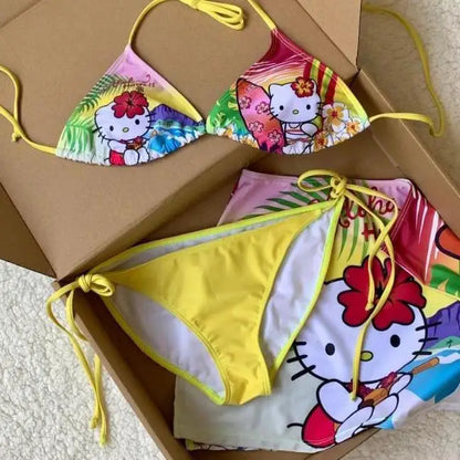 Summer Anime Cute Sanrio Hello Kitty Bikini Creative Suit Cartoon Sweet Swimsuit Pool Party Girls Kawaii Hot Sale Holiday Gift