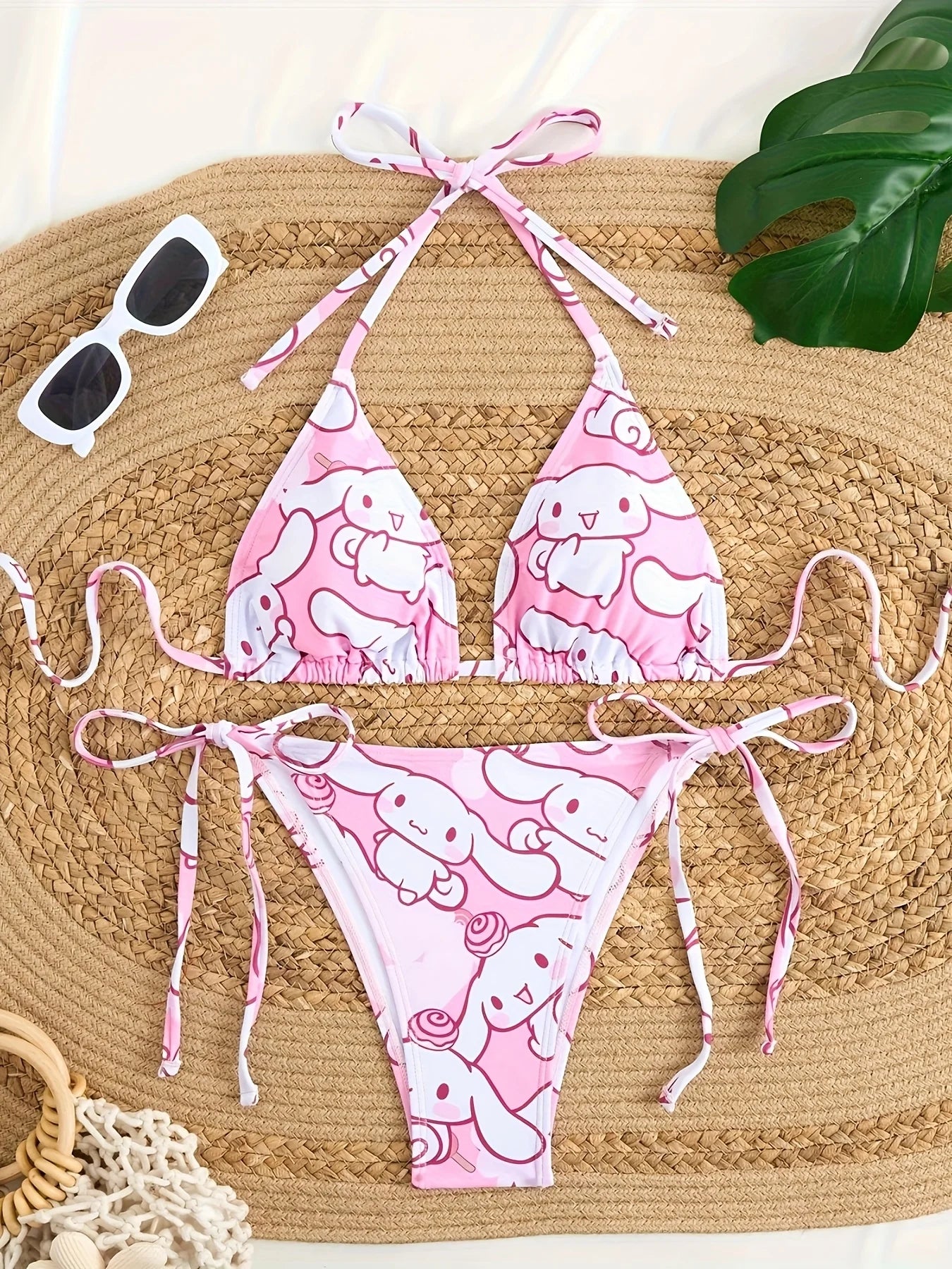 2pcs Cinnamoroll Print Bikini Set Women Pink White Halter Triangle Swimsuit Tie Side Two-Piece Bathing Suit Beachwear
