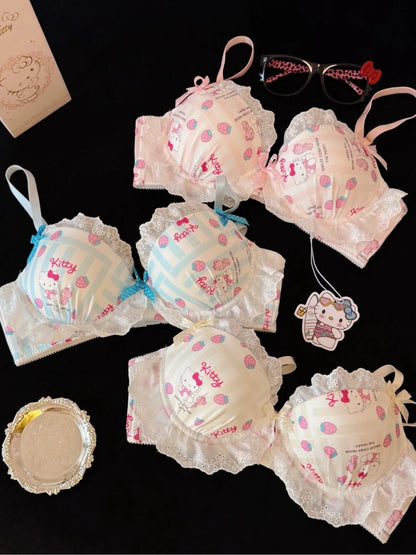 Kawaii Hello Kitty Japanese Color Blocked Kitty Cat Bow Underwear Girls Without Steel Circles Small Chest Gather Lace Bra Set