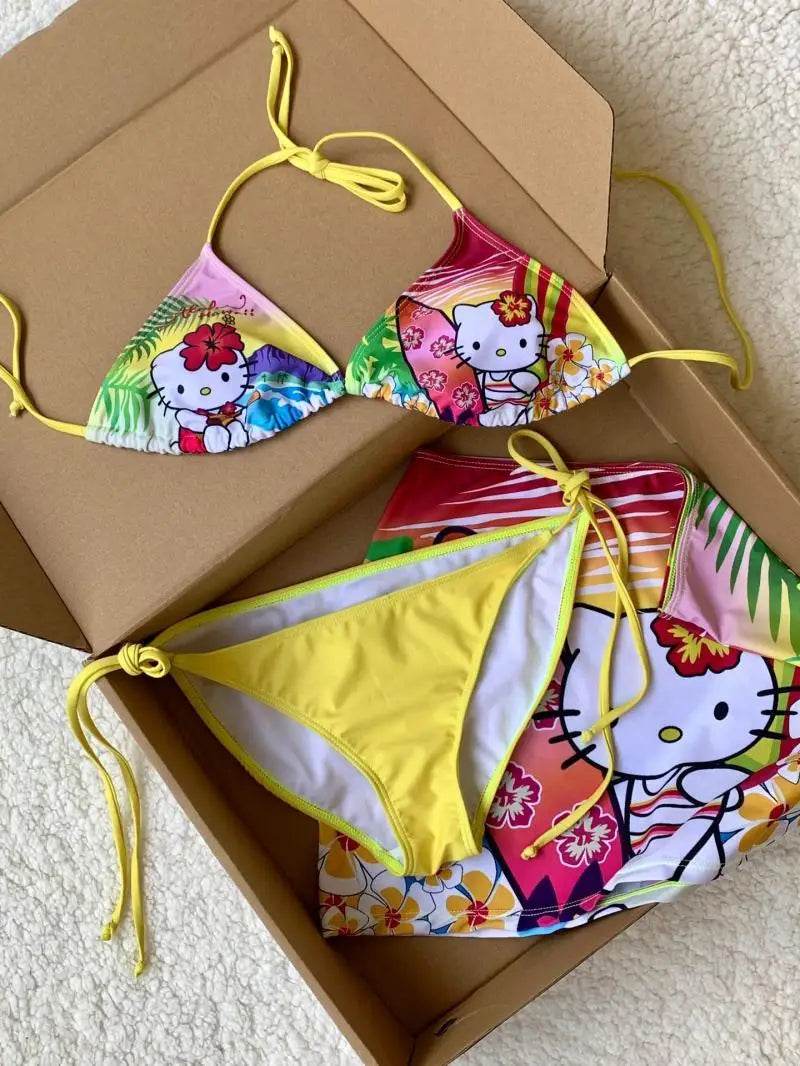 Summer Anime Cute Sanrio Hello Kitty Bikini Creative Suit Cartoon Sweet Swimsuit Pool Party Girls Kawaii Hot Sale Holiday Gift